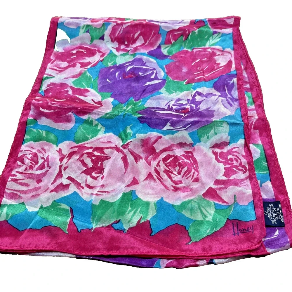 Vintage Honey Pure Silk Scarf Pink Purple Roses Flower Power Blue Green Floral